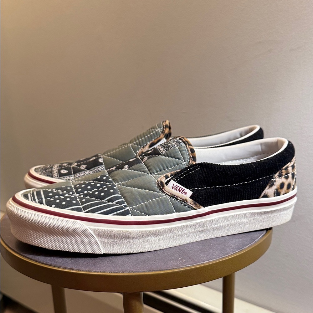 Vans Quilted Patchwork Slip-On Sneakers in Black, Gray & Leopard